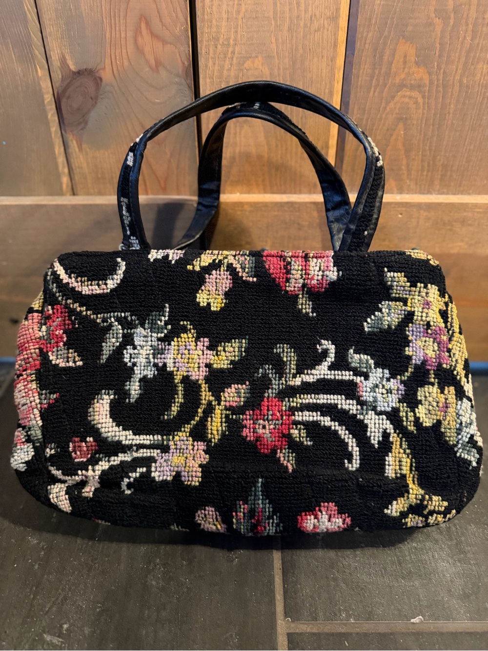 Black Floral Tapestry Handle Bag